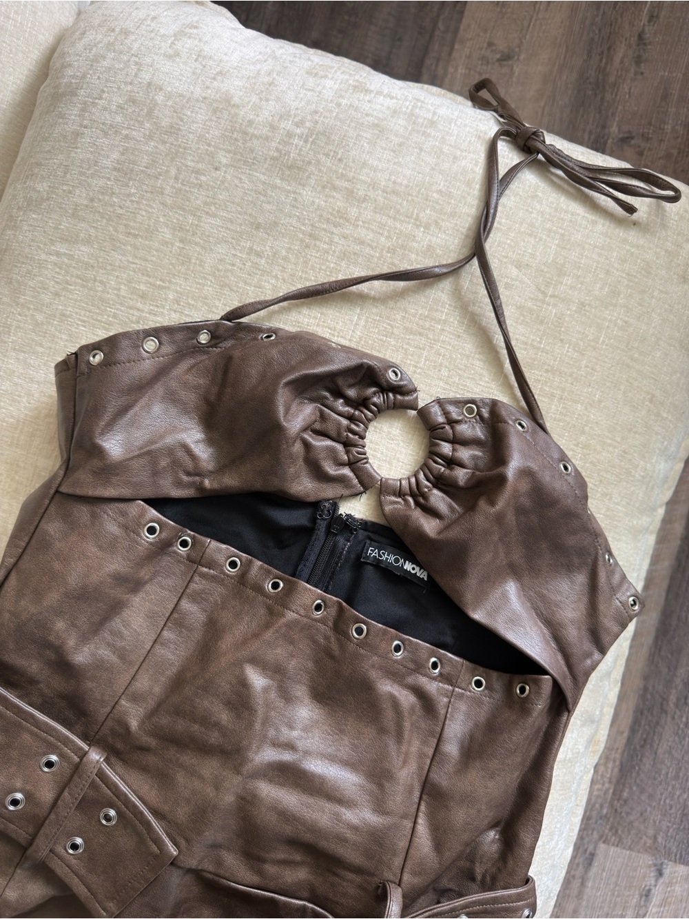 Fashion Nova Brown Faux-Leather Halter Dress - Picture 2 of 7